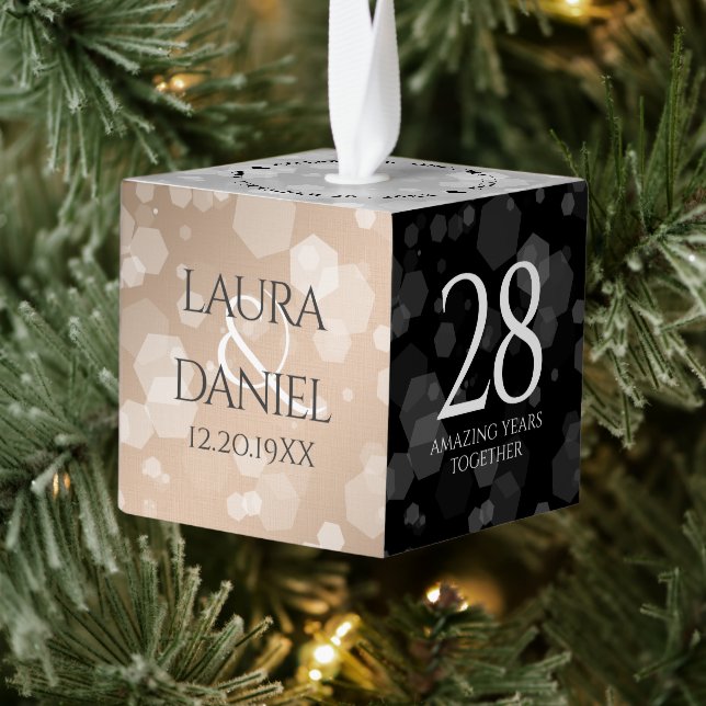 Elegant 28th Linen Wedding Anniversary Celebration Cube Ornament (Tree)