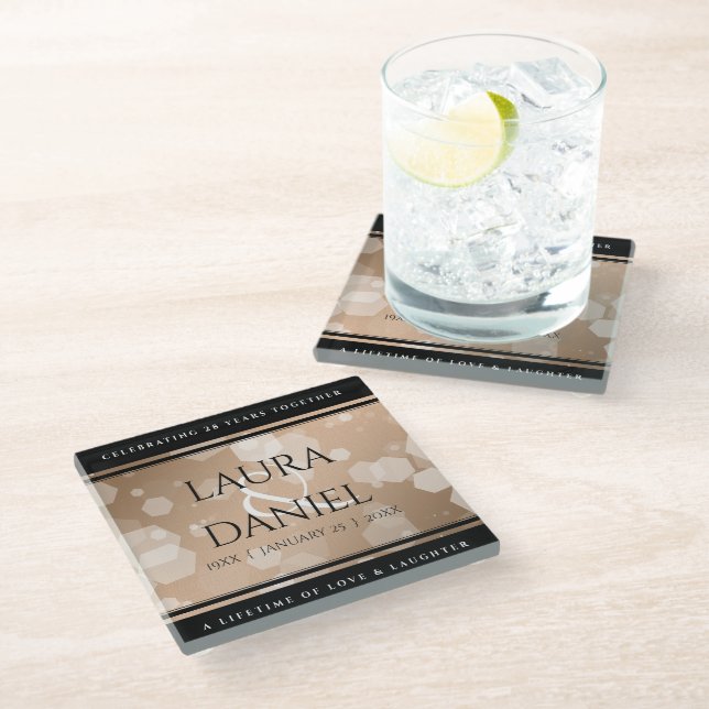 Elegant 28th Linen Wedding Anniversary Celebration Glass Coaster (Angled)