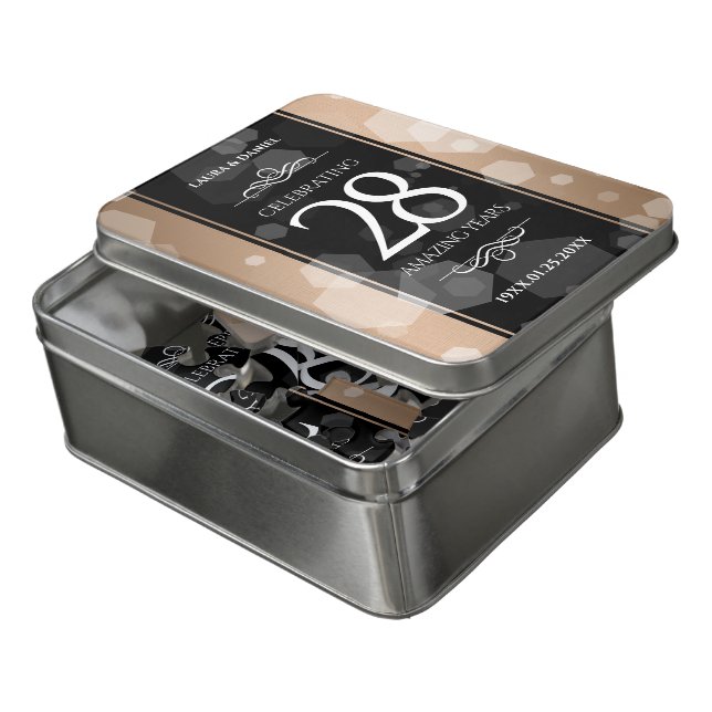 Elegant 28th Linen Wedding Anniversary Celebration Jigsaw Puzzle (Lid Open)