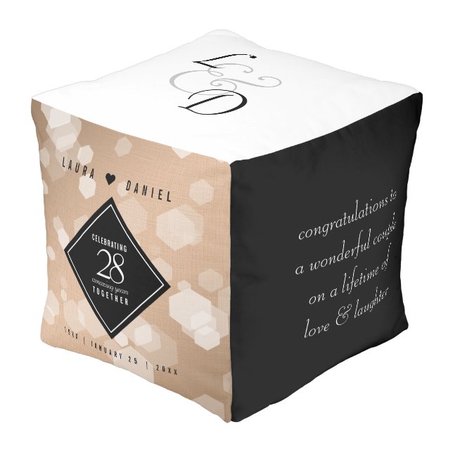 Elegant 28th Linen Wedding Anniversary Celebration Pouf (Angled Front)