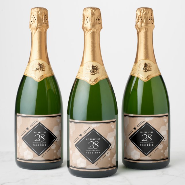 Elegant 28th Linen Wedding Anniversary Celebration Sparkling Wine Label (Bottles)