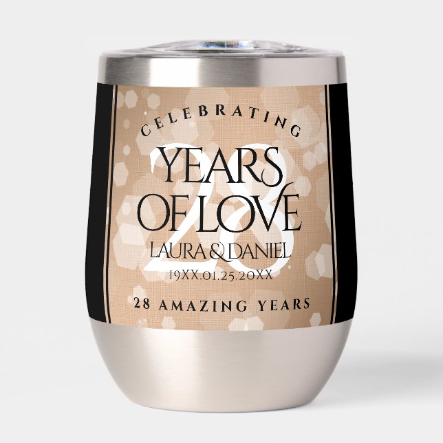 Elegant 28th Linen Wedding Anniversary Celebration Thermal Wine Tumbler (Front)