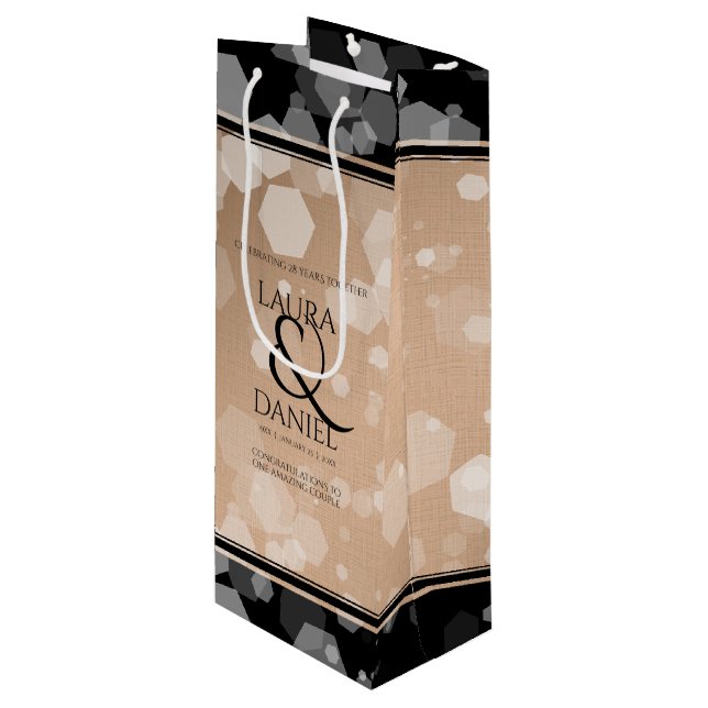 Elegant 28th Linen Wedding Anniversary Celebration Wine Gift Bag (Front Angled)
