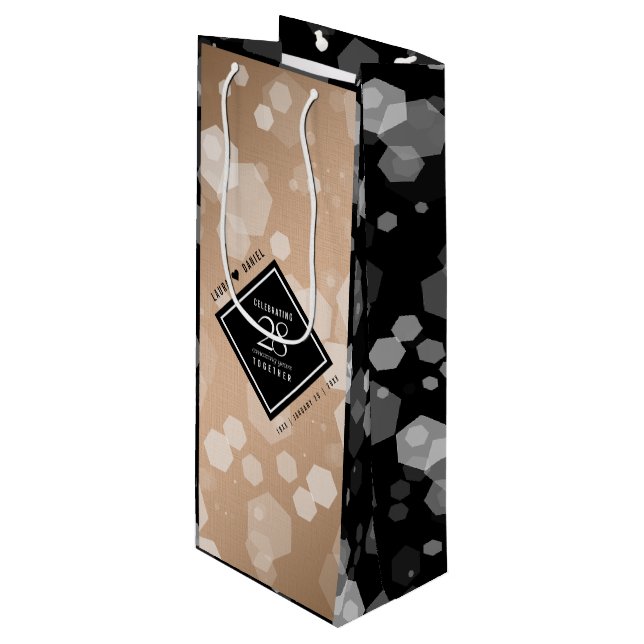 Elegant 28th Linen Wedding Anniversary Celebration Wine Gift Bag (Front Angled)