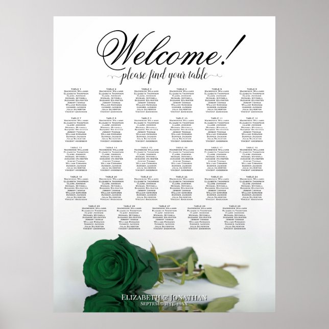 Elegant 29 Table Emerald Green Rose Seating Chart (Front)