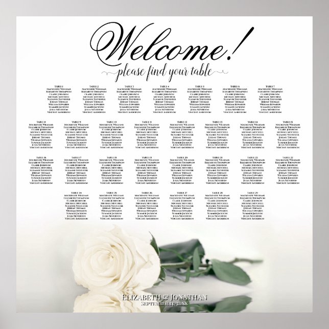Elegant 29 Table White Rose Wedding Seating Chart (Front)
