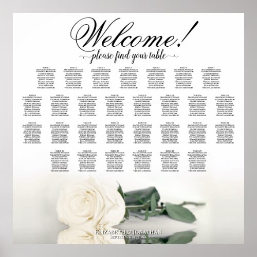 Elegant 29 Table White Rose Wedding Seating Chart