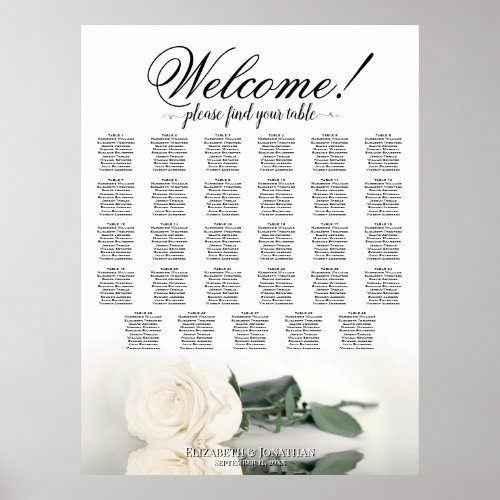 Elegant 29 Table White Rose Wedding Seating Chart
