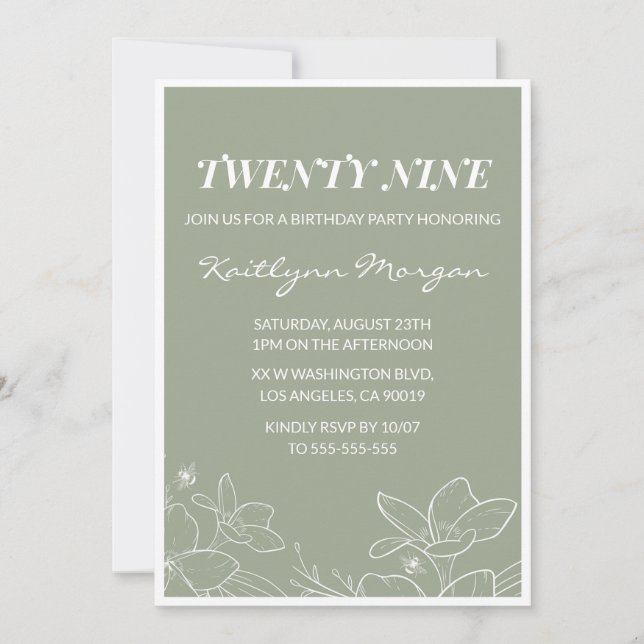 Elegant 29th birthday invitations Floral Green (Front)
