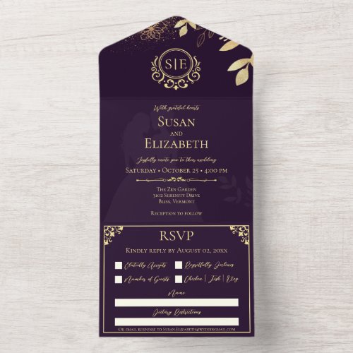 Elegant 2 Brides Dark Plum LGBTQ Pride Wedding All In One Invitation