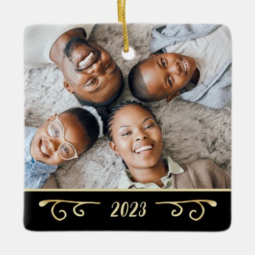 Elegant 2 Photo 2_Sided Family Photo Black Gold Ceramic Ornament