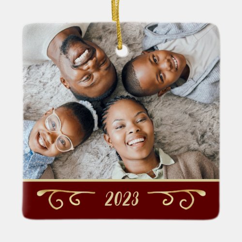 Elegant 2 Photo 2_Sided Family Photo Gold Burgundy Ceramic Ornament