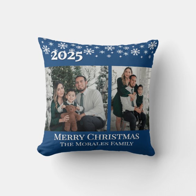 Elegant 2 Photo Blue Keepsake Family Photo Throw Pillow (Front)