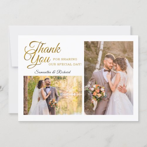 Elegant 2 Photo Collage Wedding Gold Thank You Card