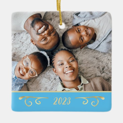 Elegant 2 Photo Family Photo Bright Blue Gold Ceramic Ornament