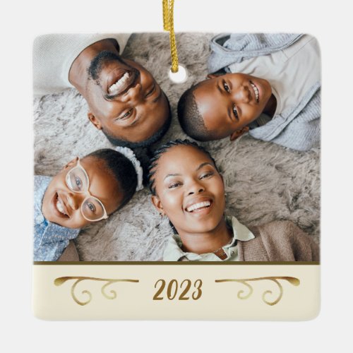 Elegant 2 Photo Family Photo Gold and Cream Ceramic Ornament