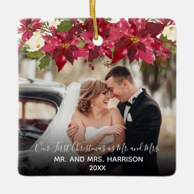 Elegant 2 Photo Floral Our First Christmas Mr Mrs Ceramic Ornament (Front)