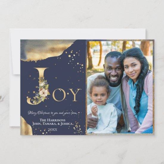 Elegant 2 Photo Gold Floral Blue Joy Christmas Holiday Card