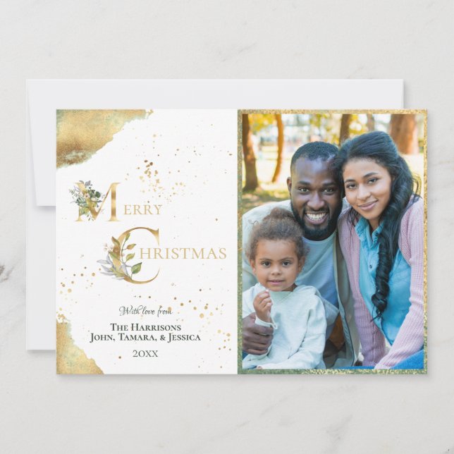 Elegant 2 Photo Gold Foil Floral Merry Christmas Holiday Card (Front)