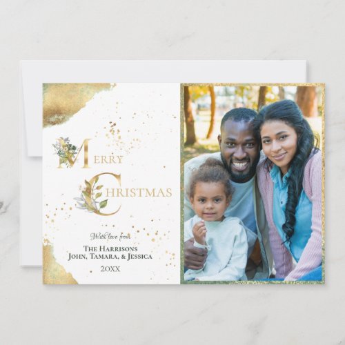 Elegant 2 Photo Gold Foil Floral Merry Christmas Holiday Card