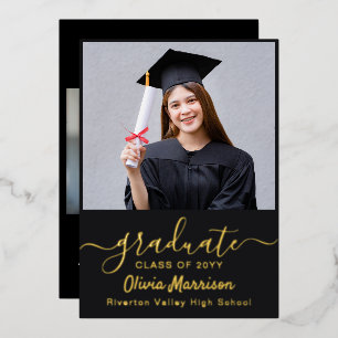 Elegant 2 Photo Graduation Party Modern Black Foil Invitation