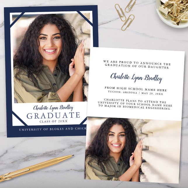 Elegant 2 Photo Navy Blue Graduation Announcement (Modern elegant navy blue graduation announcement with 2 photos and trendy modern minimalist card)