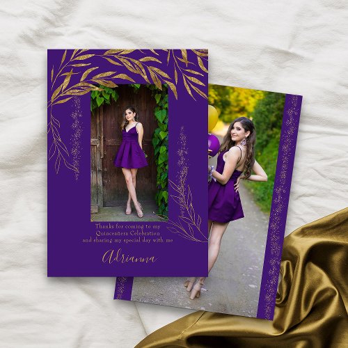 Elegant 2 Photo Purple and Gold Leaf Thank You Card