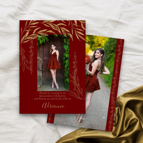 Elegant 2 Photo Red and Gold Leaf Thank You Card