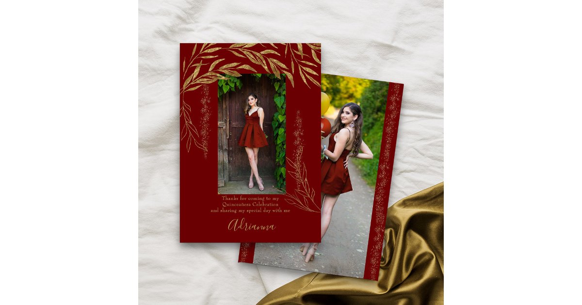 Elegant 2 Photo Red and Gold Leaf Thank You Card | Zazzle