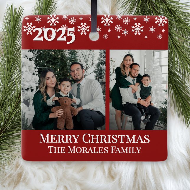 Elegant 2 Photo Red Keepsake Family Photo Ceramic Ornament (red elegant custom name keepsake christmas ornament with 2 photos for family friends gifts)