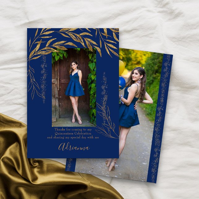 Elegant 2 Photo Royal Blue and Gold Leaf Thank You Card (Royal Blue 2 Photo Thank You card from my Gold Leaf Quinceanera Collection)