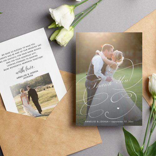 Elegant 2 photos calligraphy script wedding thank you card