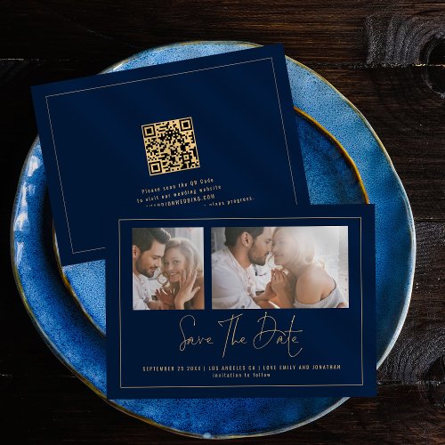 Elegant 2 Photos Gold Navy Blue Wedding  Save The Date