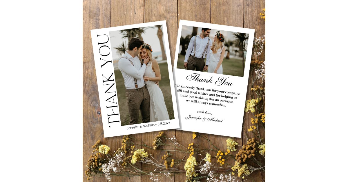 elegant 2 photos modern chic script wedding thank you card | Zazzle