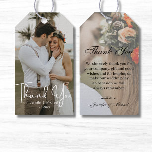 elegant 2 photos modern script wedding thank you gift tags