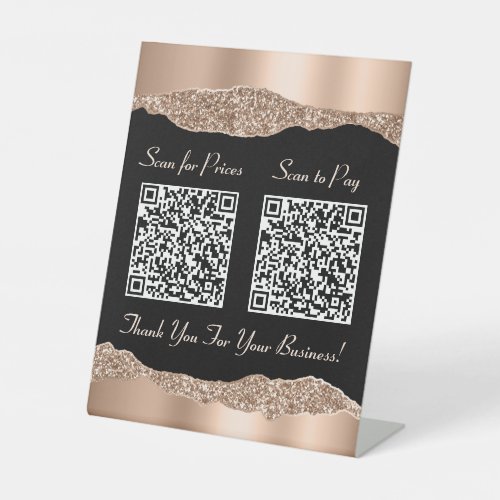 Elegant 2 QR Codes Rose Gold Glitter Black Pedestal Sign