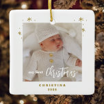 Elegant 2-Sided My First Christmas Baby's Photo  C Ceramic Ornament<br><div class="desc">Simple and gorgeous in gold tone with a white festive holiday script this 2-sided My First Christmas with Baby's photo.  Replace with your photo,  name,  and year just once,  and it will duplicate the back,  austomatically.  Enjoy the Season!</div>
