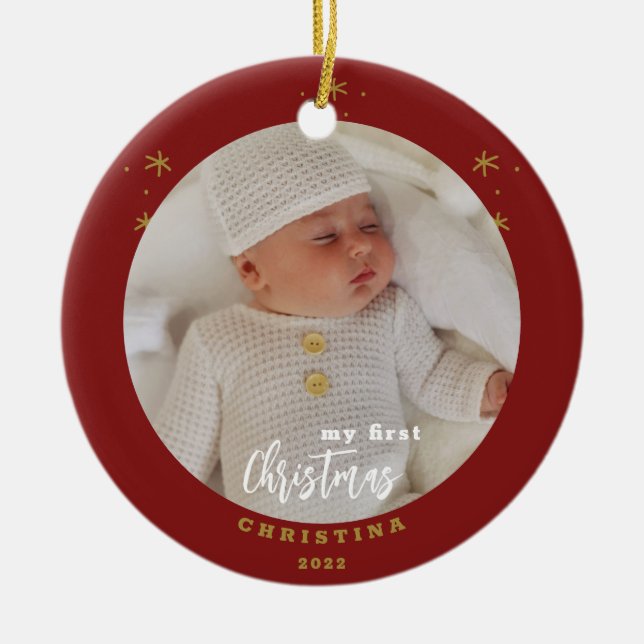 Elegant 2-Sided My First Christmas Baby's Photo Ce Ceramic Ornament (Front)