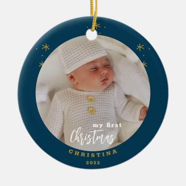 Elegant 2-Sided My First Christmas Baby's Photo Ceramic Ornament (Front)