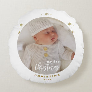 Elegant 2-Sided My First Christmas Baby's Photo  R Round Pillow