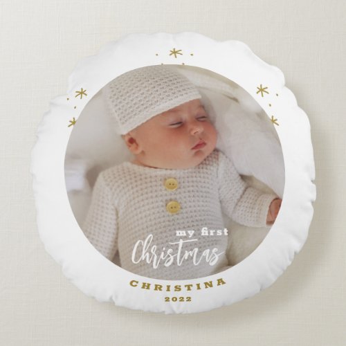 Elegant 2_Sided My First Christmas Babys Photo  R Round Pillow