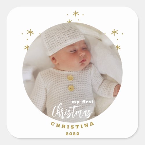 Elegant 2_Sided My First Christmas Babys Photo Square Sticker