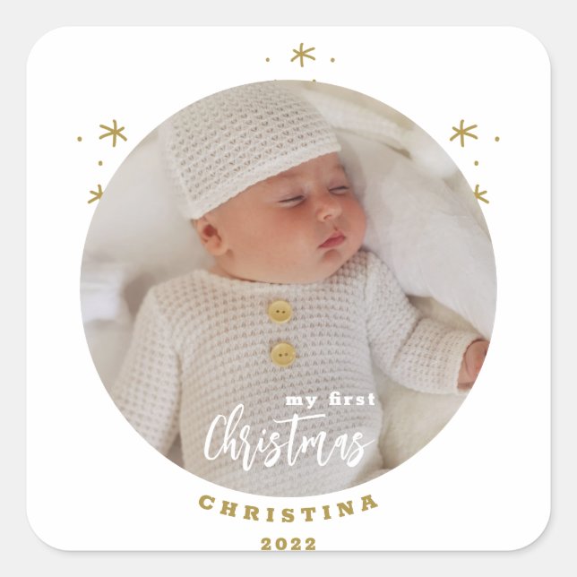Elegant 2-Sided My First Christmas Baby's Photo Square Sticker (Front)