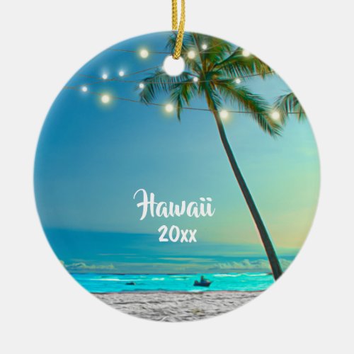 Elegant 2 Sided Photo Hawaii Palm Trees Lights Ceramic Ornament