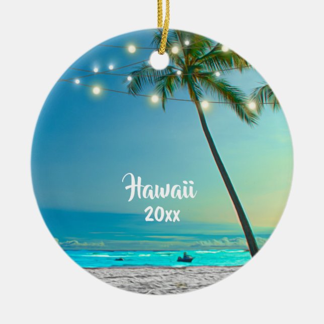 Elegant 2 Sided Photo Hawaii Palm Trees Lights Ceramic Ornament (Front)