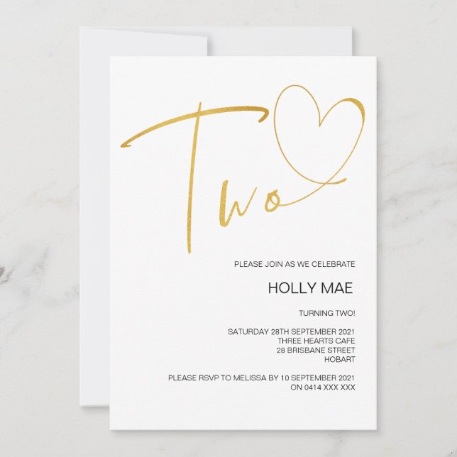 Elegant 2nd Birthday Invitation Two Heart Gold (Front)