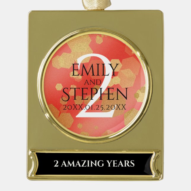 Elegant 2nd Garnet Wedding Anniversary Celebration Gold Plated Banner Ornament (Front)