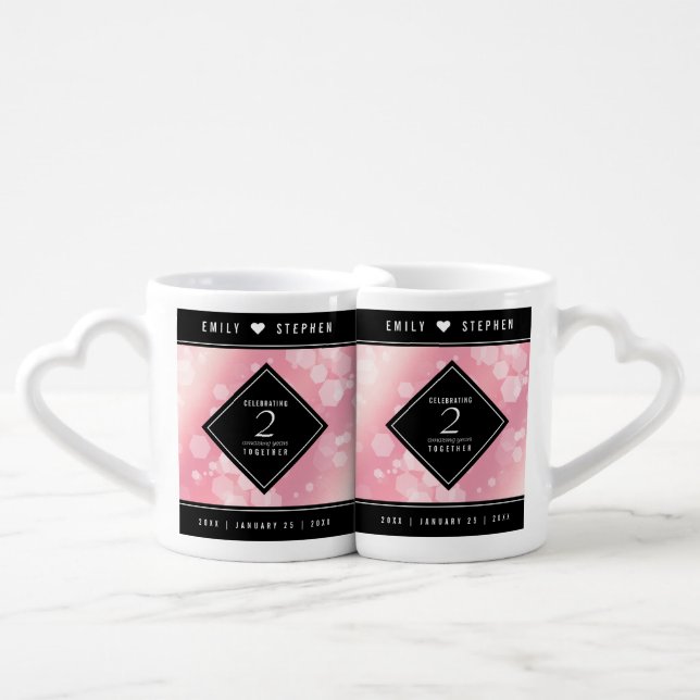 Elegant 2nd Rose Quartz Wedding Anniversary Coffee Mug Set (Front Nesting)