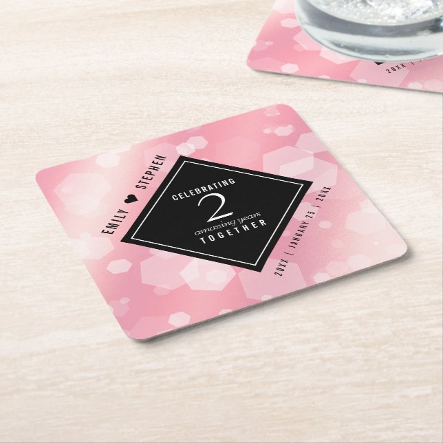 Elegant 2nd Rose Quartz Wedding Anniversary Square Paper Coaster (Angled)