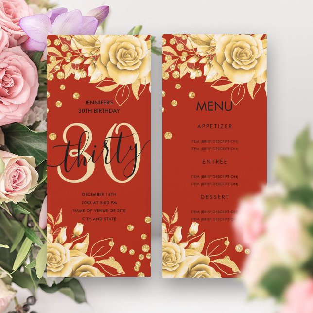 Elegant 30 Birthday Menu Gold Red Floral Glitter  Invitation (Elegant 30 Birthday Menu Gold Red Floral Glitter Invitation)